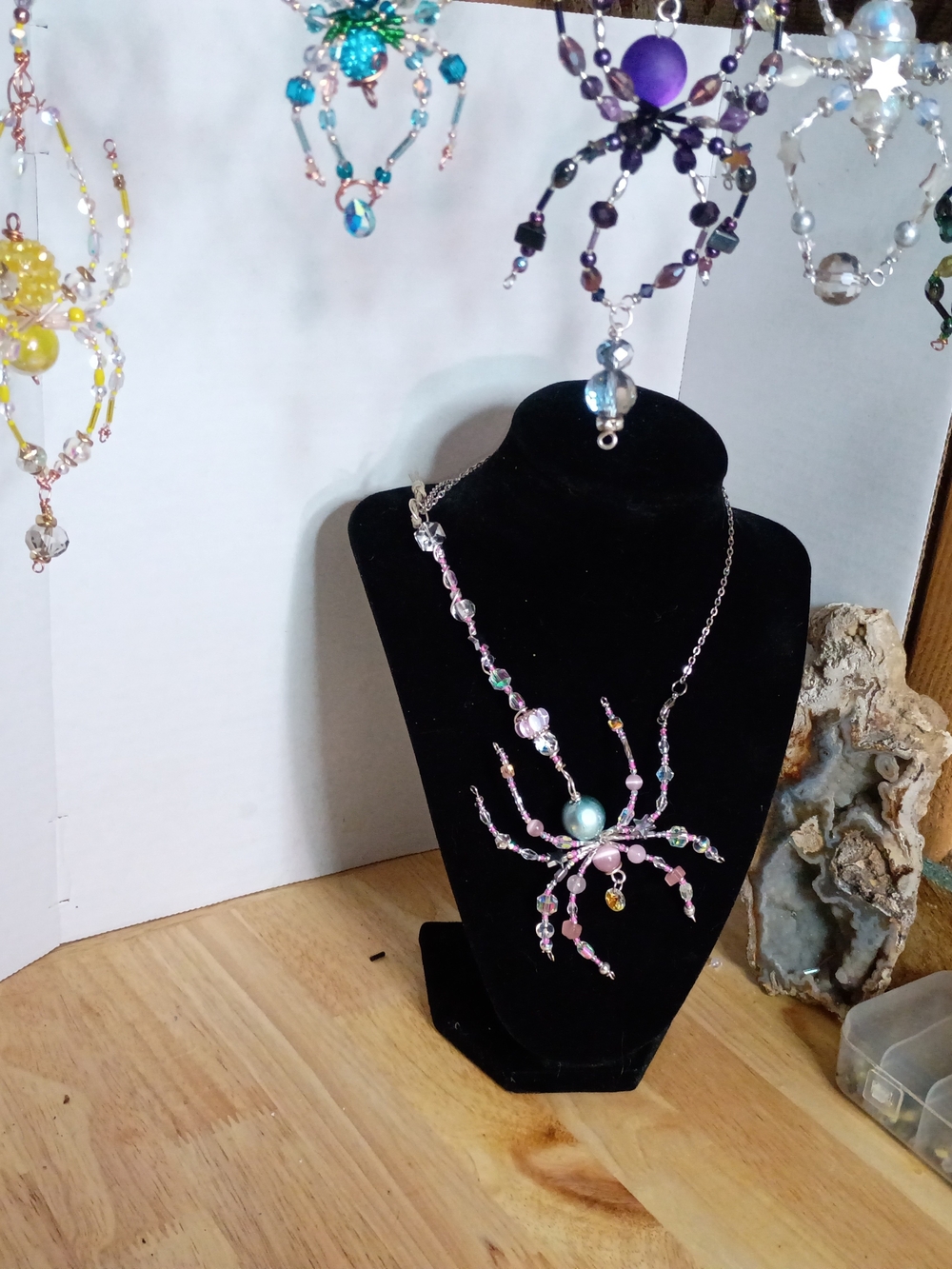 Pink Beaded Multifunctional Spider Pendant Necklace/Suncatcher/Ornament.